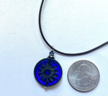 Load image into Gallery viewer, Czech Glass Bright Blue Sun Bohemian Drop Necklace on Leather Cord
