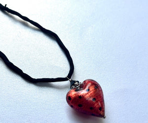 Murano Glass "Puffy" Leopard Print Heart on Silk Cord