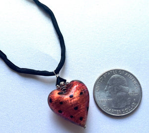 Murano Glass "Puffy" Leopard Print Heart on Silk Cord