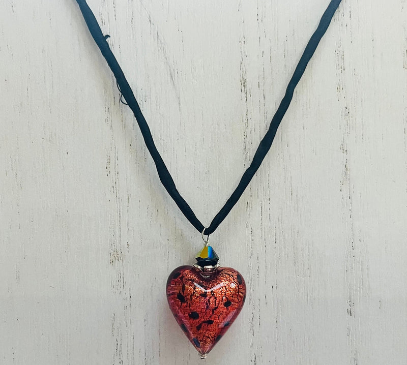 Murano Glass "Puffy" Leopard Print Heart on Silk Cord