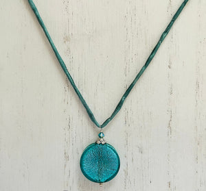 Murano Glass Teal Large Coin Shape on Silk Cord