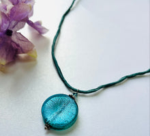 Load image into Gallery viewer, Murano Glass Teal Large Coin Shape on Silk Cord
