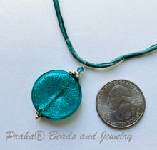 Load image into Gallery viewer, Murano Glass Teal Large Coin Shape on Silk Cord
