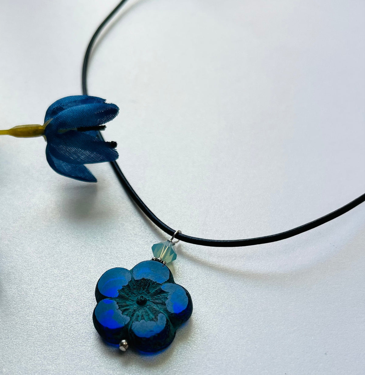 Czech Glass Dark Blue Flower Necklace on Leather Cord