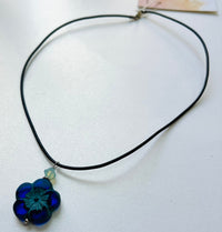 Czech Glass Dark Blue Flower Necklace on Leather Cord