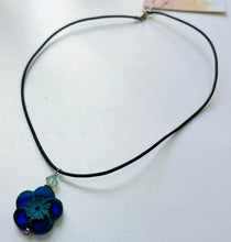 Load image into Gallery viewer, Czech Glass Dark Blue Flower Necklace on Leather Cord
