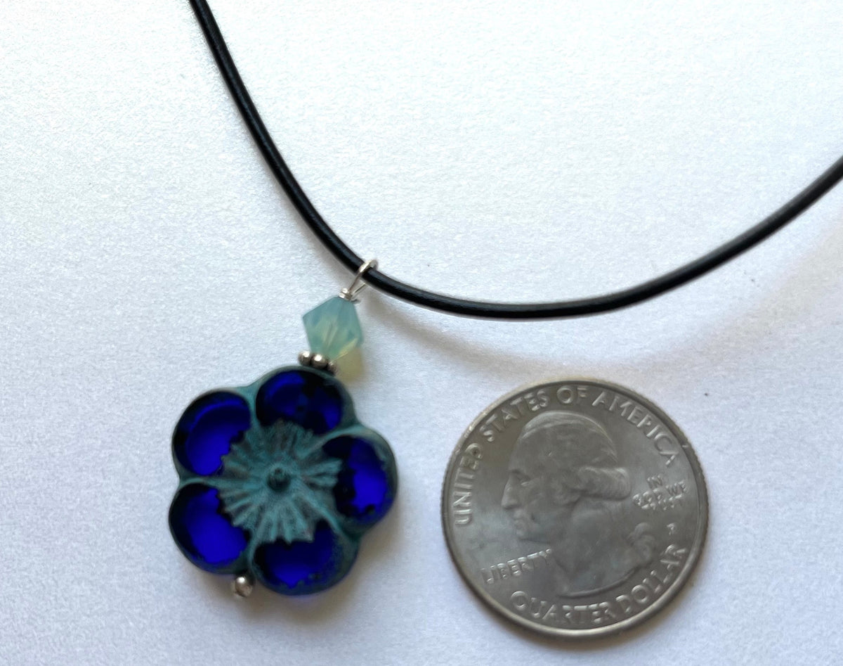 Czech Glass Dark Blue Flower Necklace on Leather Cord