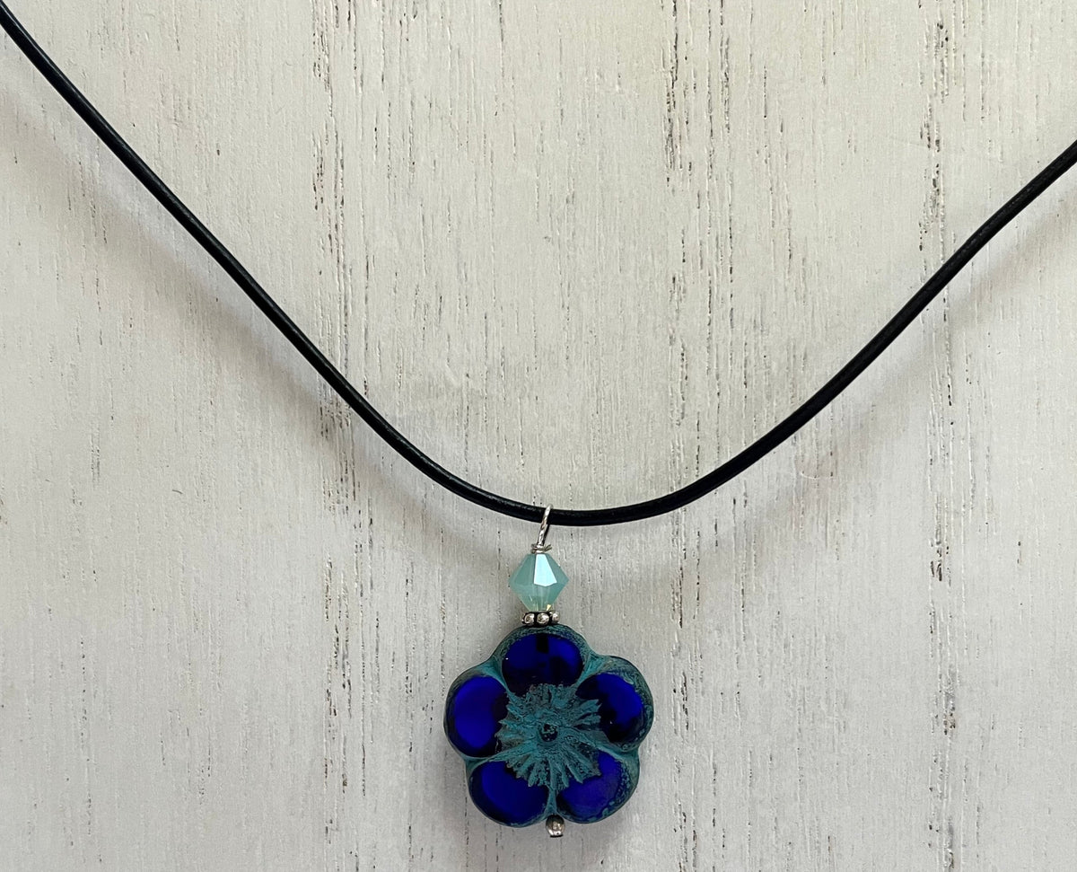 Czech Glass Dark Blue Flower Necklace on Leather Cord