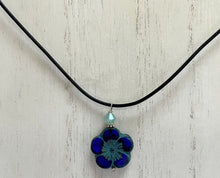 Load image into Gallery viewer, Czech Glass Dark Blue Flower Necklace on Leather Cord
