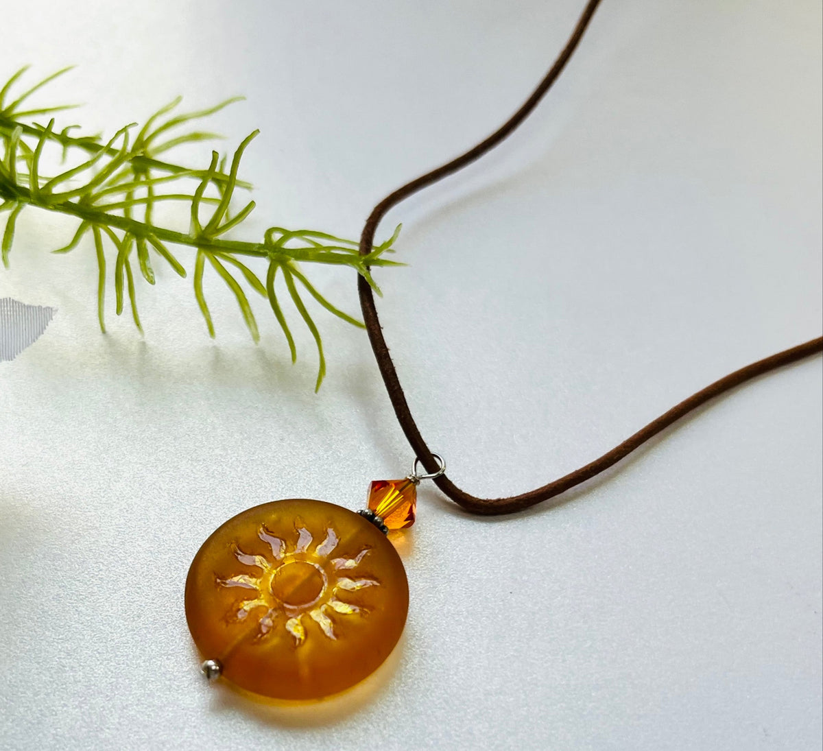 Czech Glass Orange Sun Bohemian Drop Necklace on Leather Cord