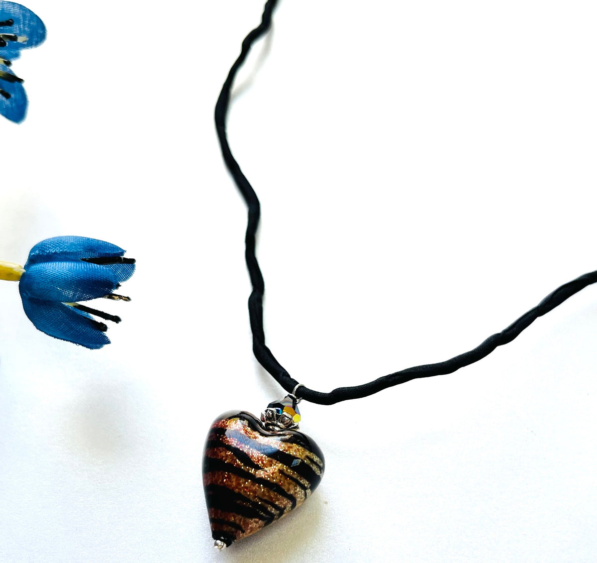 Murano Glass "Puffy" Tiger Stripe Heart on Silk Cord