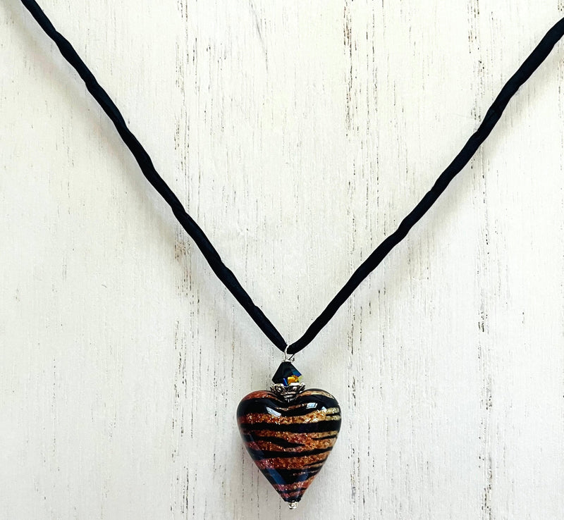 Murano Glass "Puffy" Tiger Stripe Heart on Silk Cord