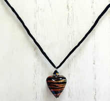 Load image into Gallery viewer, Murano Glass &quot;Puffy&quot; Tiger Stripe Heart on Silk Cord SPECIAL PRICE!
