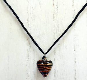 Murano Glass "Puffy" Tiger Stripe Heart on Silk Cord SPECIAL PRICE!