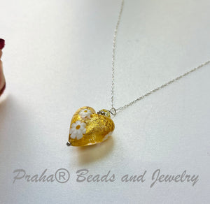 Murano Glass Gold "Puffy" Heart with Millefiori Flowers in Sterling Silver