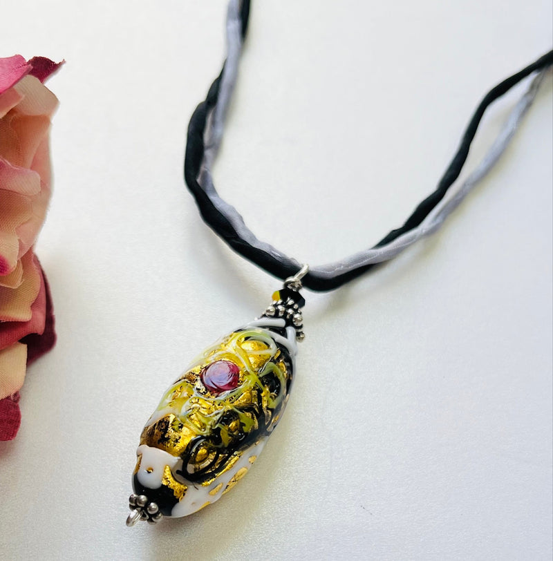 Murano Glass Black Wedding Cake Pendant on Silk Cord