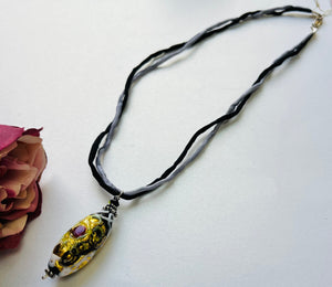 Murano Glass Black Wedding Cake Pendant on Silk Cord