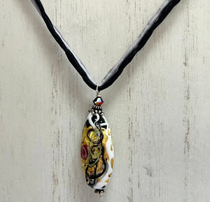 Murano Glass Black Wedding Cake Pendant on Silk Cord