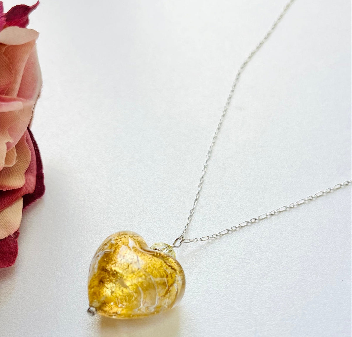 Murano Glass Gold "Puffy" Heart in Sterling Silver