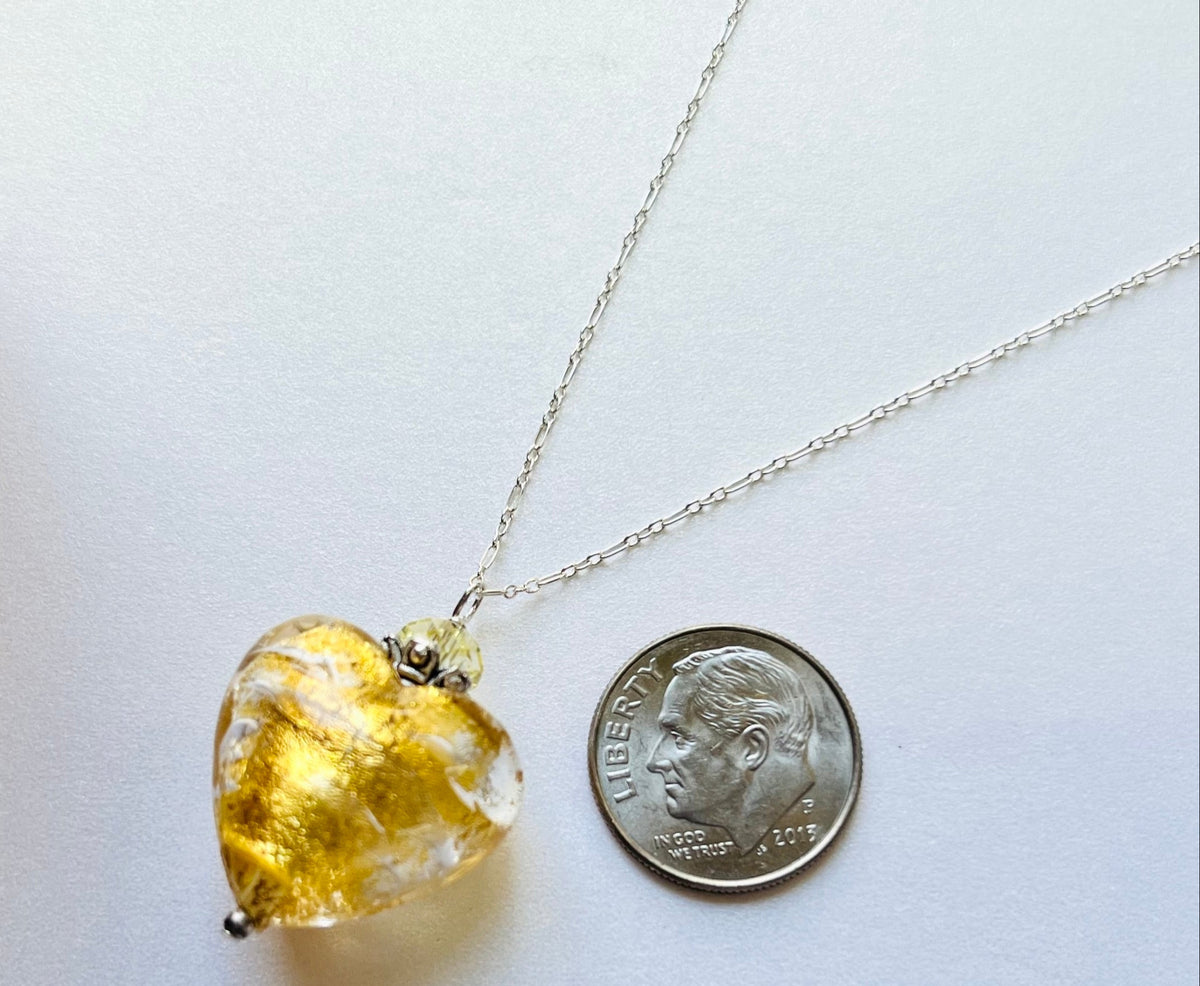 Murano Glass Gold "Puffy" Heart in Sterling Silver