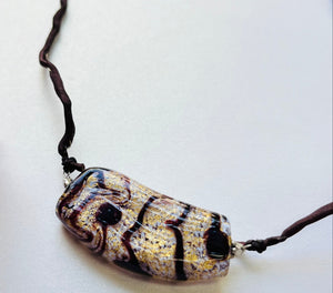 Murano Glass Plum, Gold and White Pendant on Silk Cord