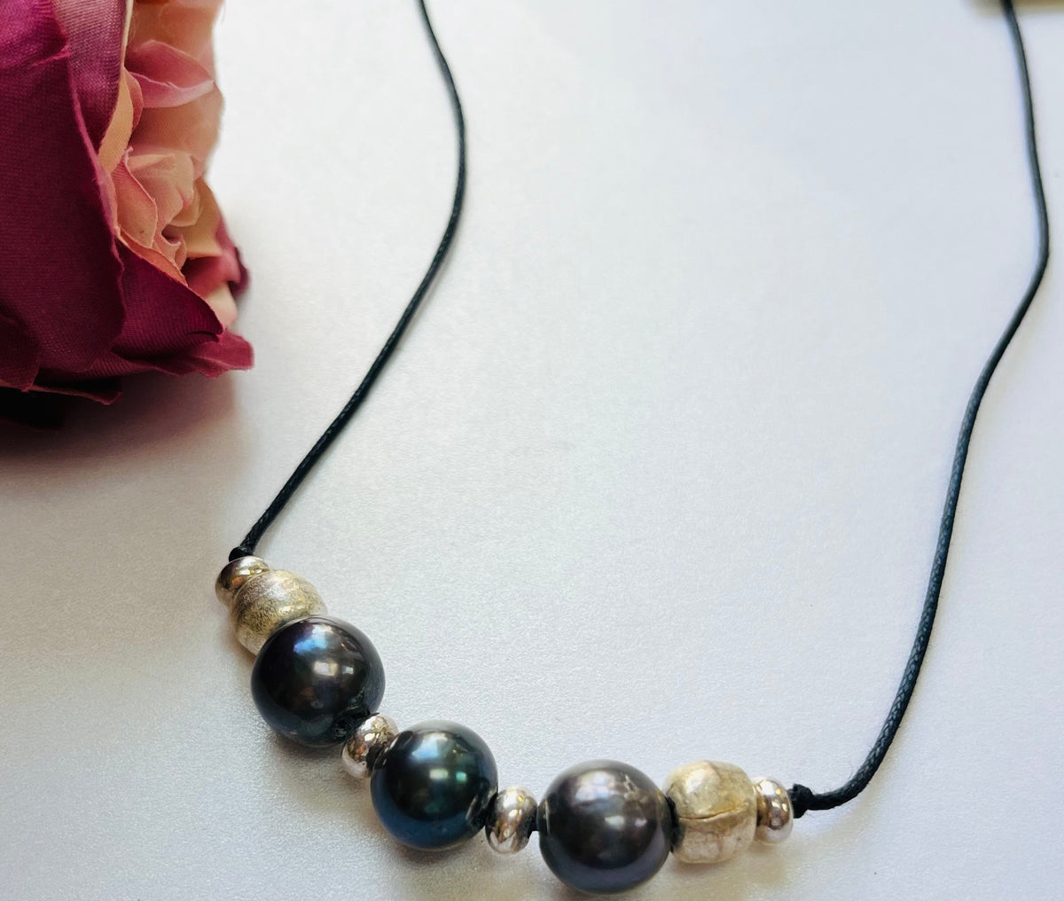 Freshwater Pearl Necklace on Black Leather