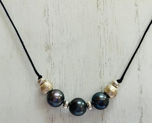 Freshwater Pearl Necklace on Black Leather