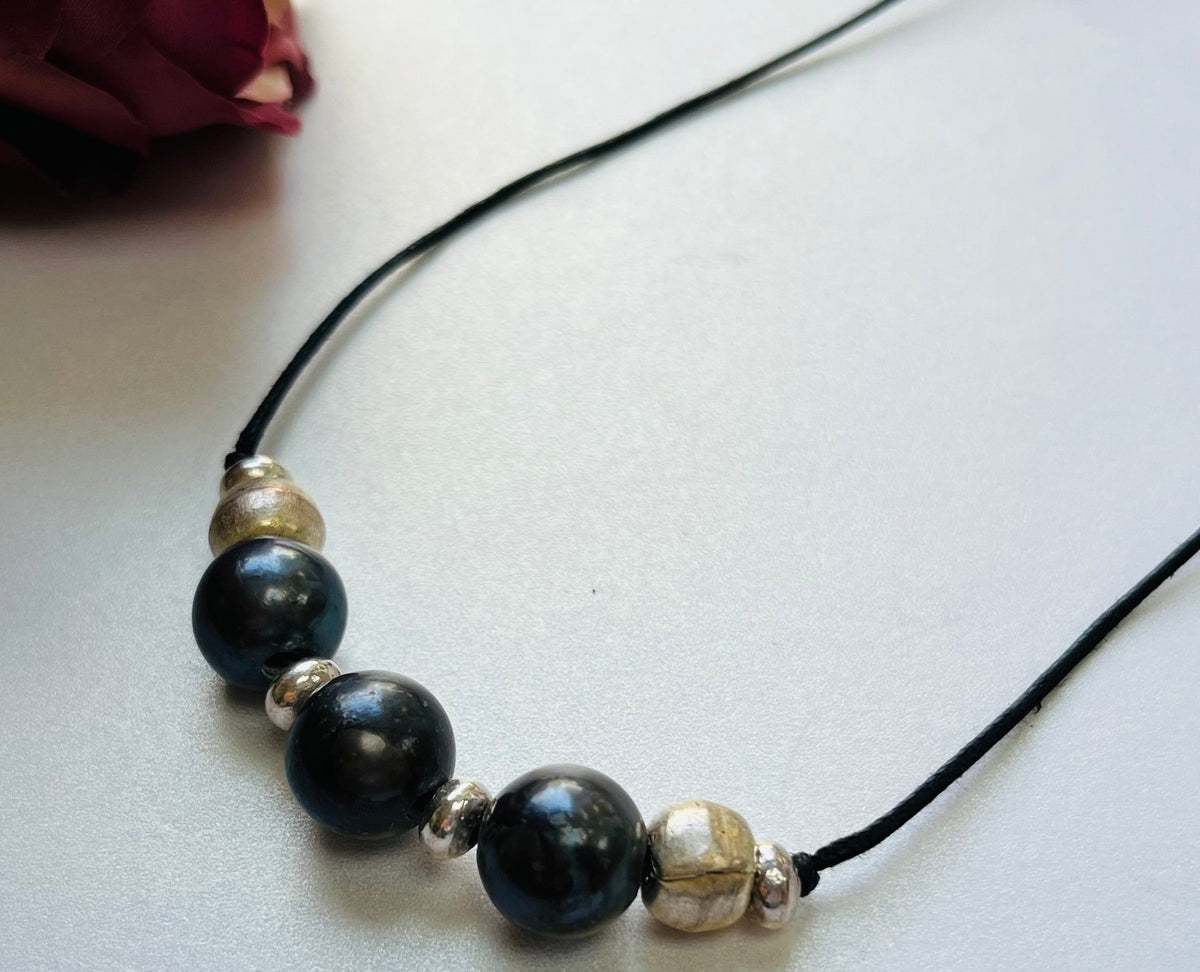 Freshwater Pearl Necklace on Black Leather