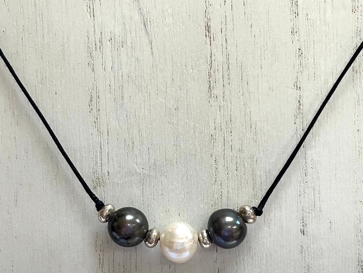 Gray and White Freshwater Pearl Necklace on Black Cotton Cord