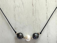 Load image into Gallery viewer, Gray and White Freshwater Pearl Necklace on Black Cotton Cord
