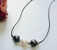 Gray and White Freshwater Pearl Necklace on Black Cotton Cord