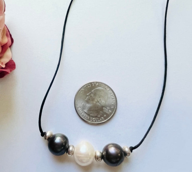 Gray and White Freshwater Pearl Necklace on Black Cotton Cord