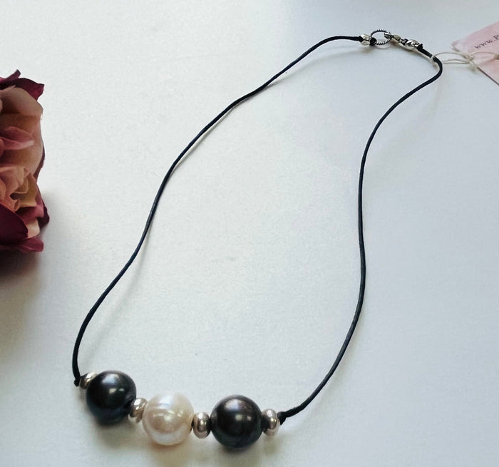 Gray and White Freshwater Pearl Necklace on Black Cotton Cord