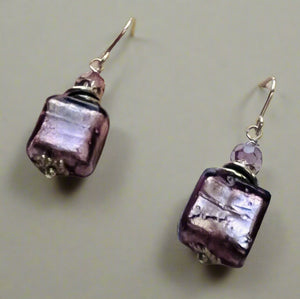 Murano Glass Lavender Square Earrings in Sterling Silver