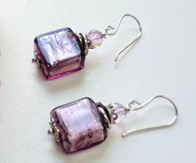 Load image into Gallery viewer, Murano Glass Lavender Square Earrings in Sterling Silver
