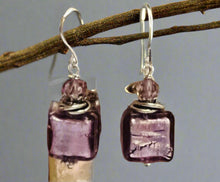 Load image into Gallery viewer, Murano Glass Lavender Square Earrings in Sterling Silver
