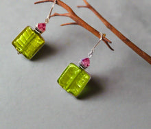 Load image into Gallery viewer, Murano Glass Light Green Square Earrings in Sterling Silver
