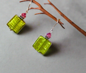 Murano Glass Light Green Square Earrings in Sterling Silver