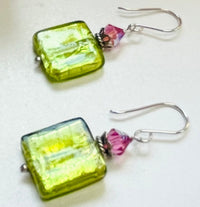 Murano Glass Light Green Square Earrings in Sterling Silver