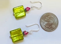 Murano Glass Light Green Square Earrings in Sterling Silver