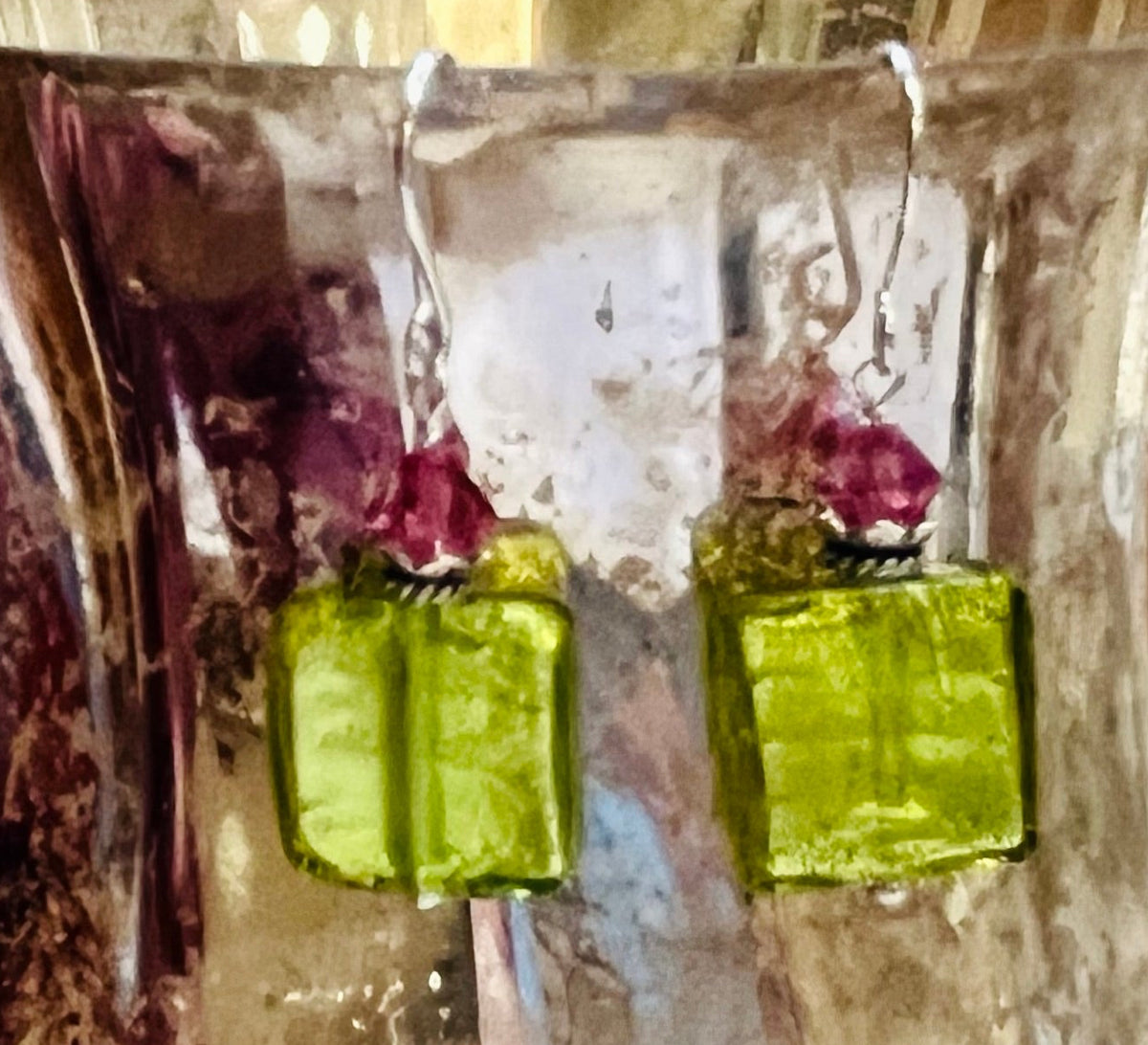 Murano Glass Light Green Square Earrings in Sterling Silver