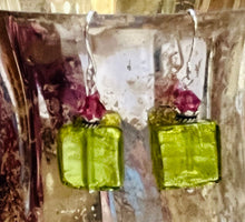 Load image into Gallery viewer, Murano Glass Light Green Square Earrings in Sterling Silver
