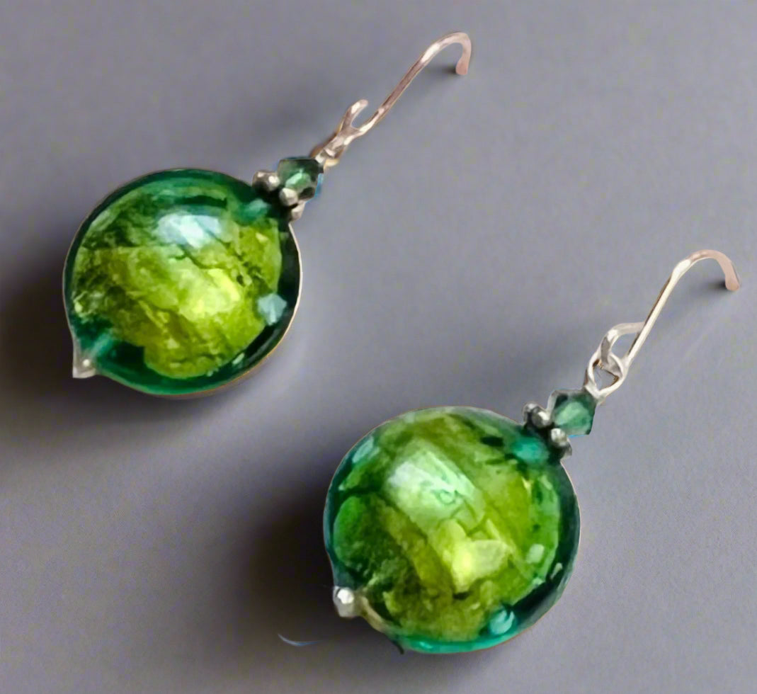 Murano Glass Dark Green Puffed Coin Earrings in Sterling Silver