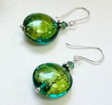 Load image into Gallery viewer, Murano Glass Dark Green Puffed Coin Earrings in Sterling Silver
