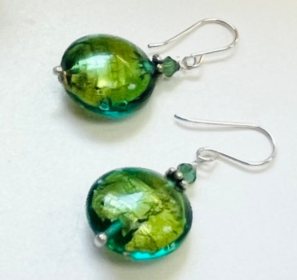 Murano Glass Dark Green Puffed Coin Earrings in Sterling Silver