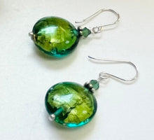 Load image into Gallery viewer, Murano Glass Dark Green Puffed Coin Earrings in Sterling Silver
