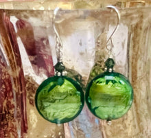 Load image into Gallery viewer, Murano Glass Dark Green Puffed Coin Earrings in Sterling Silver
