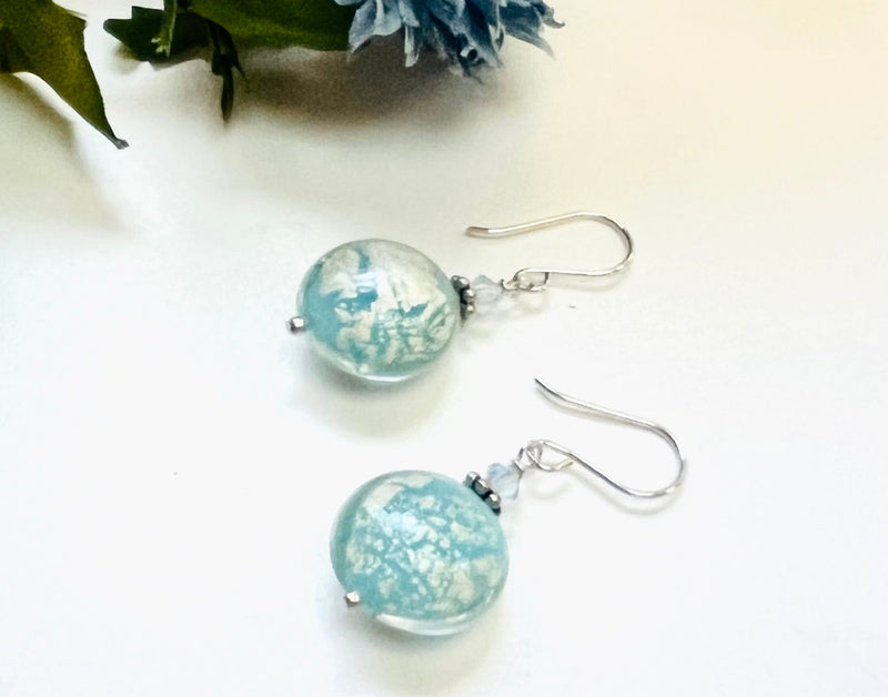 Murano Glass Light Blue Puffed Coin Earrings in Sterling Silver