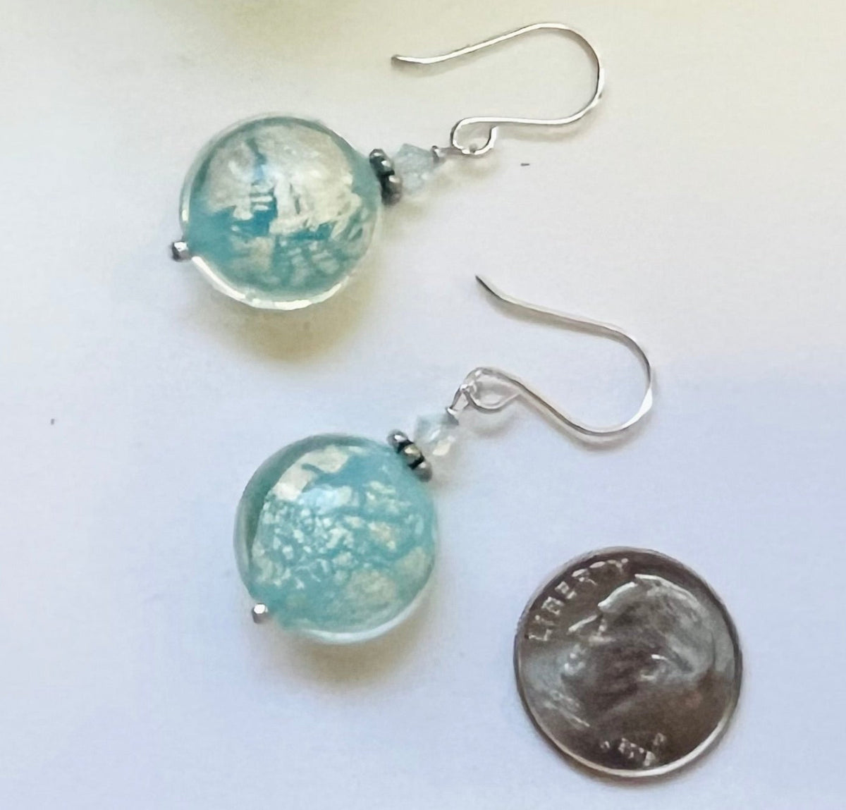 Murano Glass Light Blue Puffed Coin Earrings in Sterling Silver