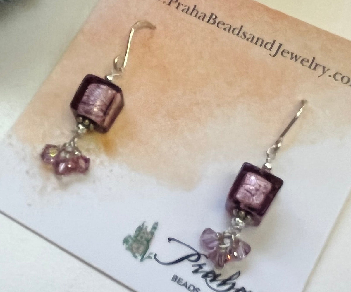 Murano Glass Cube Lavender Earrings in Sterling Silver